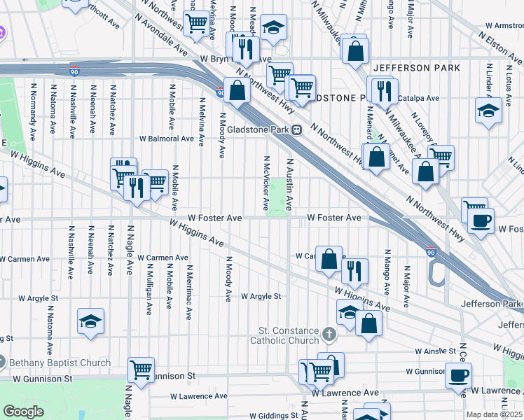 map of restaurants, bars, coffee shops, grocery stores, and more near 5208 North McVicker Avenue in Chicago