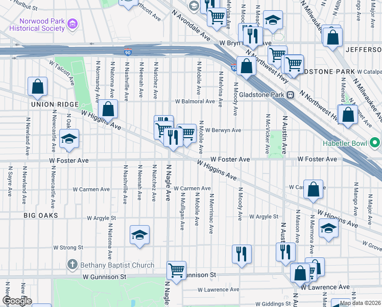 map of restaurants, bars, coffee shops, grocery stores, and more near 6320 West Higgins Avenue in Chicago