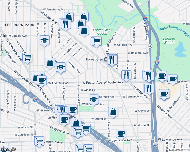 map of restaurants, bars, coffee shops, grocery stores, and more near 5225 North Laramie Avenue in Chicago