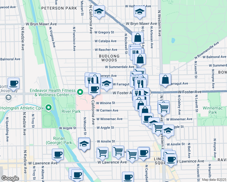 map of restaurants, bars, coffee shops, grocery stores, and more near 2648 West Foster Avenue in Chicago