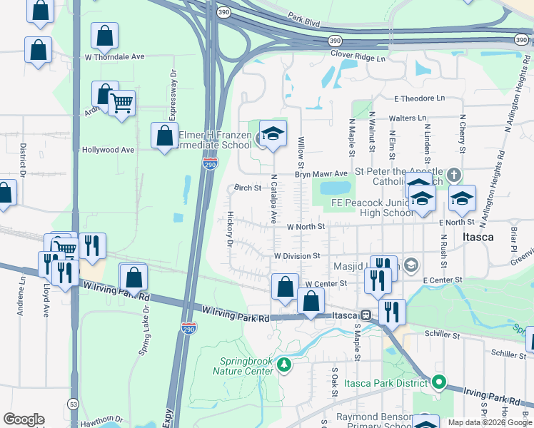 map of restaurants, bars, coffee shops, grocery stores, and more near 514 Catalpa Avenue in Itasca