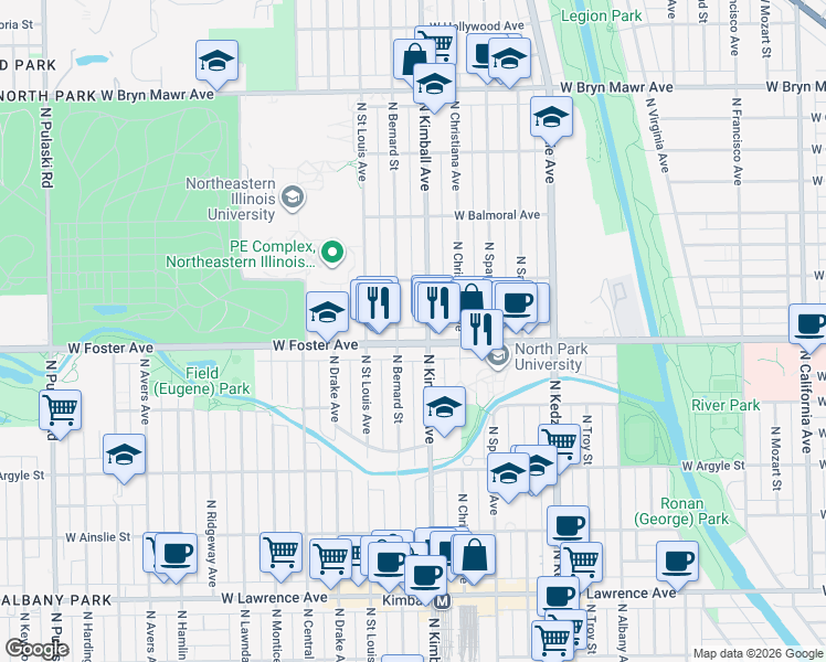 map of restaurants, bars, coffee shops, grocery stores, and more near 3412 West Foster Avenue in Chicago