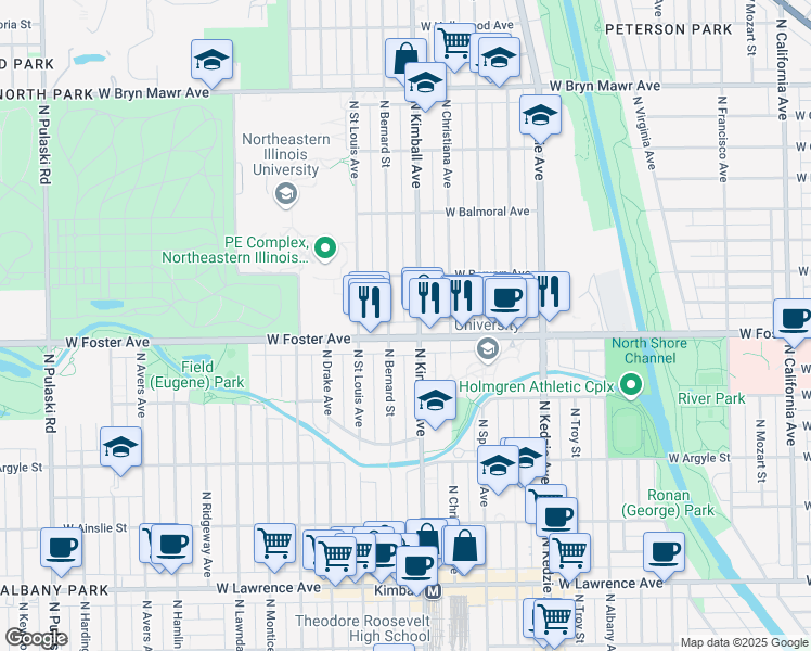 map of restaurants, bars, coffee shops, grocery stores, and more near 3412 West Foster Avenue in Chicago