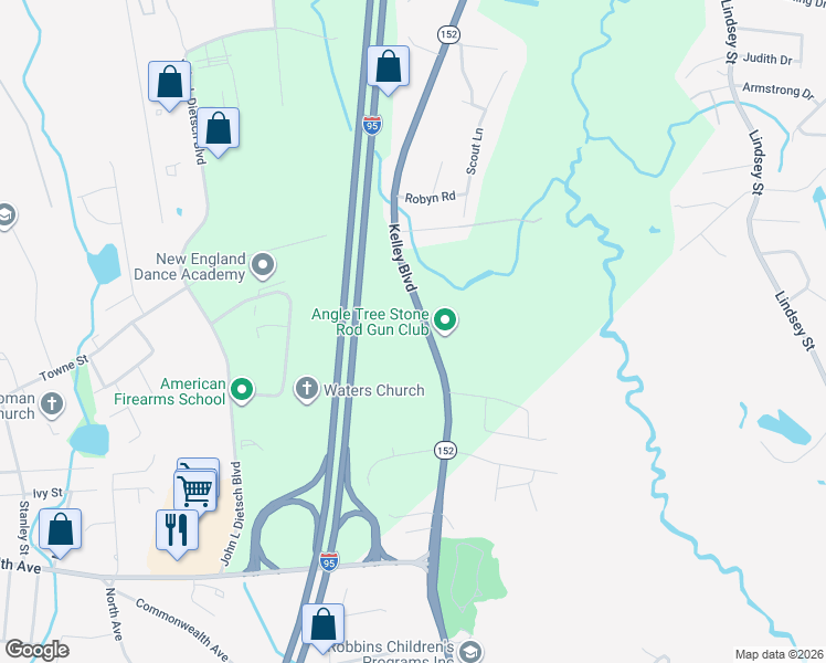 map of restaurants, bars, coffee shops, grocery stores, and more near 64 Kelley Boulevard in North Attleborough