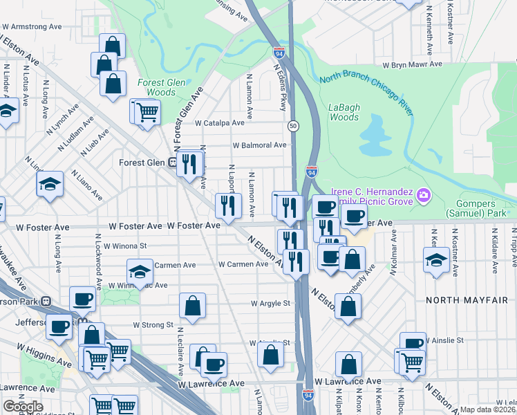 map of restaurants, bars, coffee shops, grocery stores, and more near 5219 North Lamon Avenue in Chicago