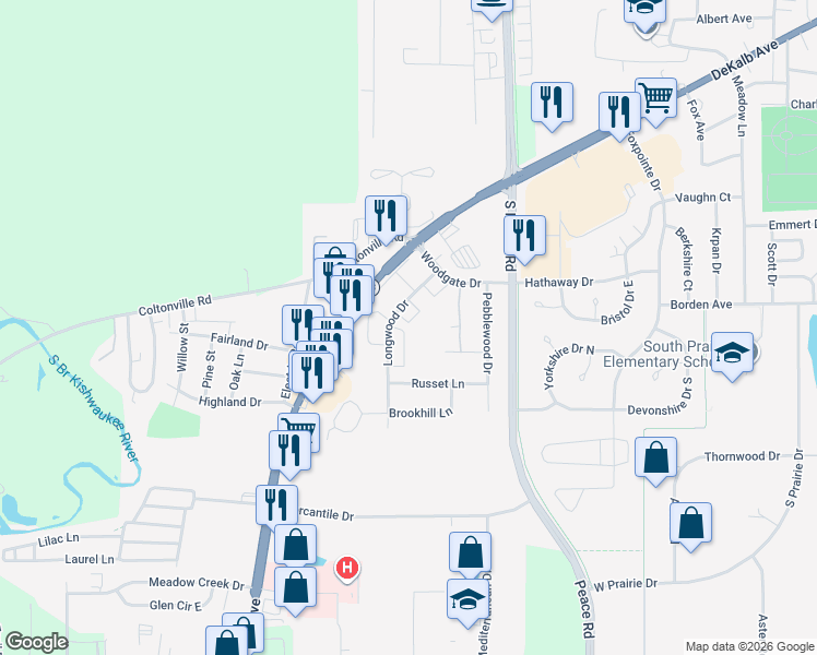 map of restaurants, bars, coffee shops, grocery stores, and more near 1816 Raintree Court in Sycamore