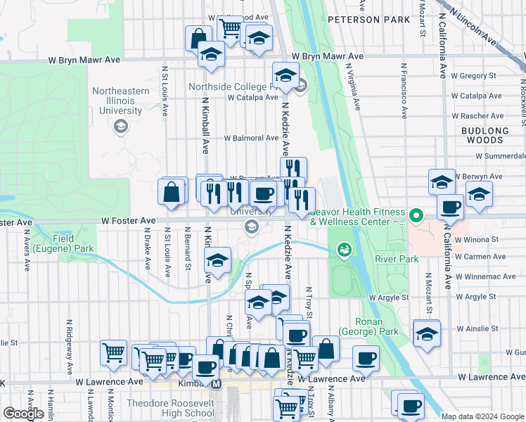 map of restaurants, bars, coffee shops, grocery stores, and more near 5208 North Sawyer Avenue in Chicago