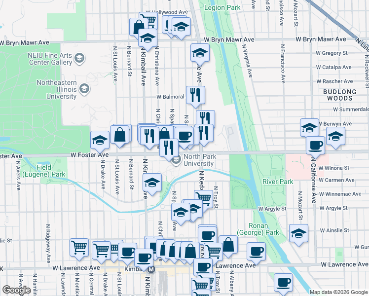 map of restaurants, bars, coffee shops, grocery stores, and more near 3210 West Foster Avenue in Chicago