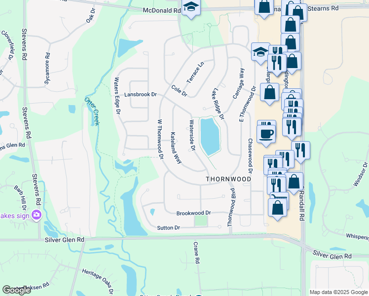 map of restaurants, bars, coffee shops, grocery stores, and more near 741 Kateland Way in South Elgin