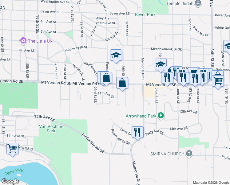map of restaurants, bars, coffee shops, grocery stores, and more near 931 25th Street Southeast in Cedar Rapids