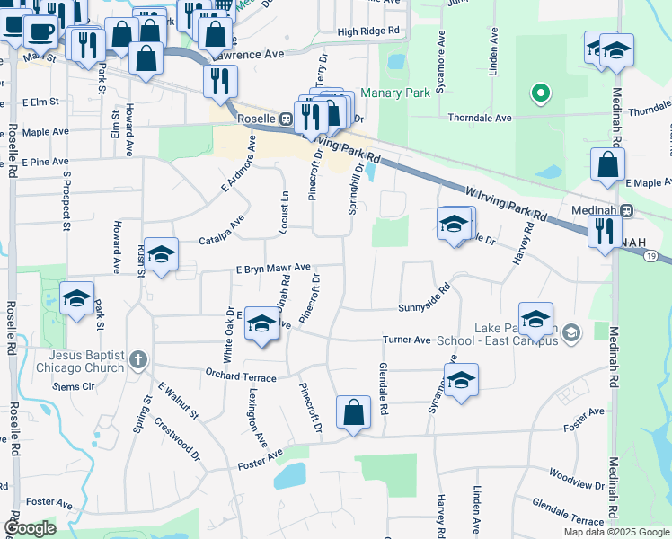 map of restaurants, bars, coffee shops, grocery stores, and more near 645 East Bryn Mawr Avenue in Roselle