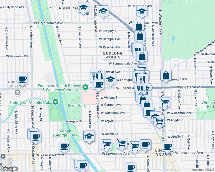 map of restaurants, bars, coffee shops, grocery stores, and more near 2720 West Foster Avenue in Chicago