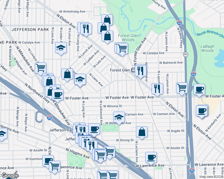 map of restaurants, bars, coffee shops, grocery stores, and more near 5225 North Latrobe Avenue in Chicago