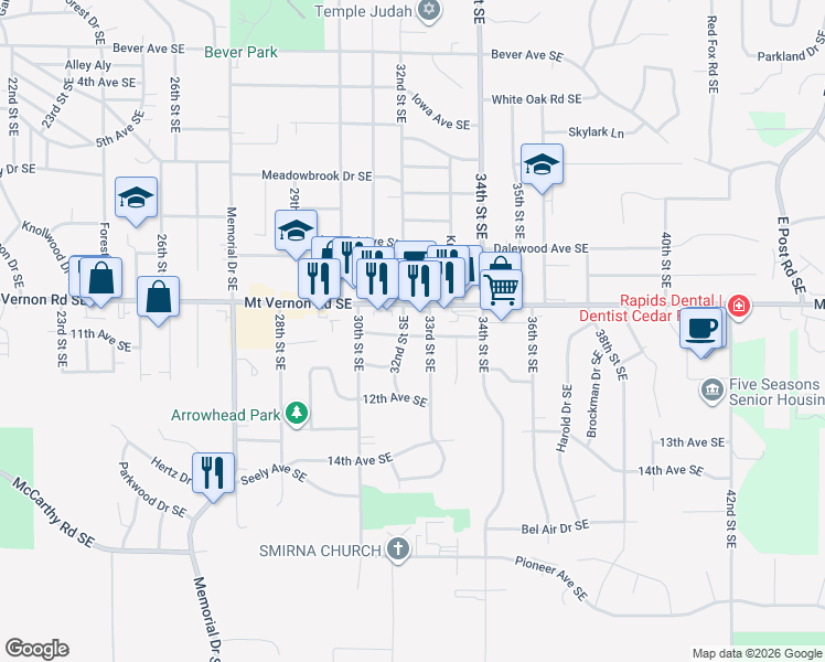 map of restaurants, bars, coffee shops, grocery stores, and more near 924 32nd Street Southeast in Cedar Rapids