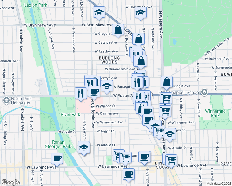 map of restaurants, bars, coffee shops, grocery stores, and more near 2642 West Foster Avenue in Chicago