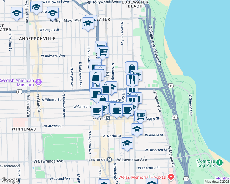 map of restaurants, bars, coffee shops, grocery stores, and more near 1049w West Foster Avenue in Chicago