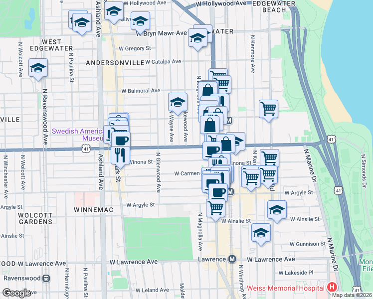 map of restaurants, bars, coffee shops, grocery stores, and more near 1315 West Foster Avenue in Chicago