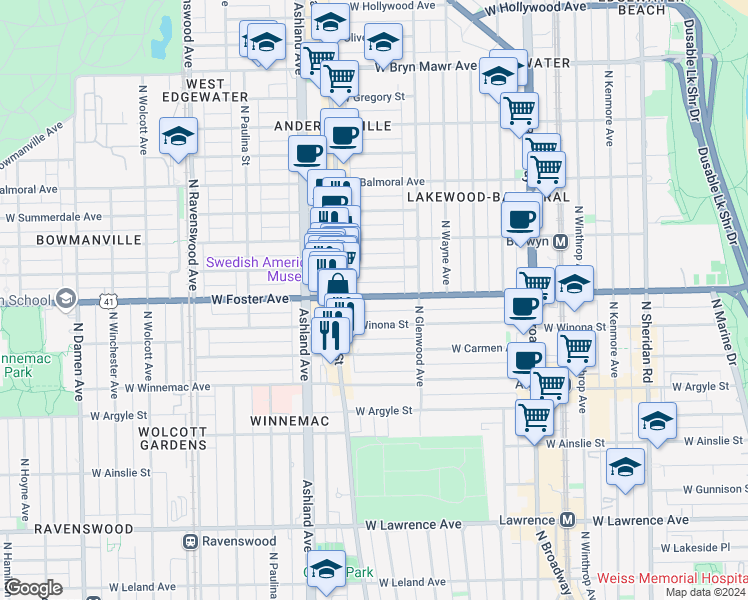 map of restaurants, bars, coffee shops, grocery stores, and more near 1433 West Foster Avenue in Chicago