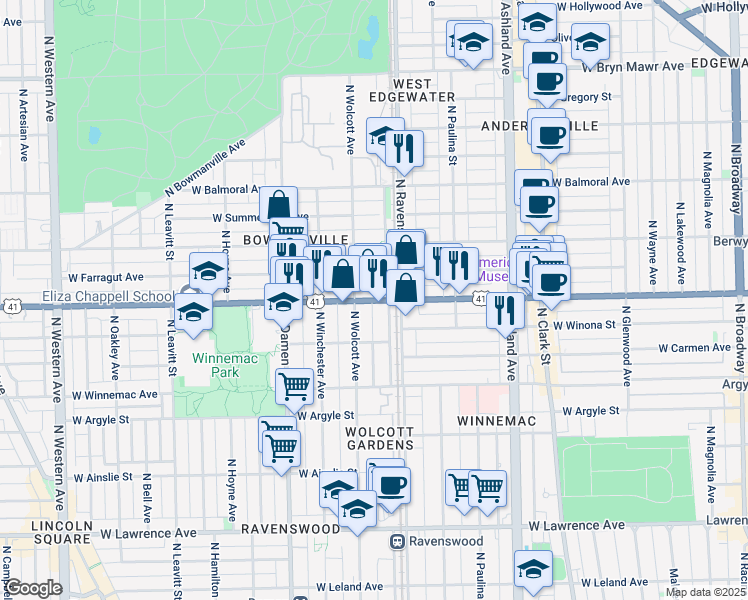 map of restaurants, bars, coffee shops, grocery stores, and more near in Chicago