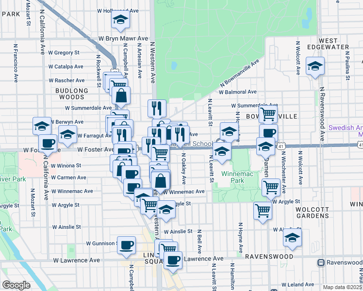 map of restaurants, bars, coffee shops, grocery stores, and more near 2300 West Foster Avenue in Chicago