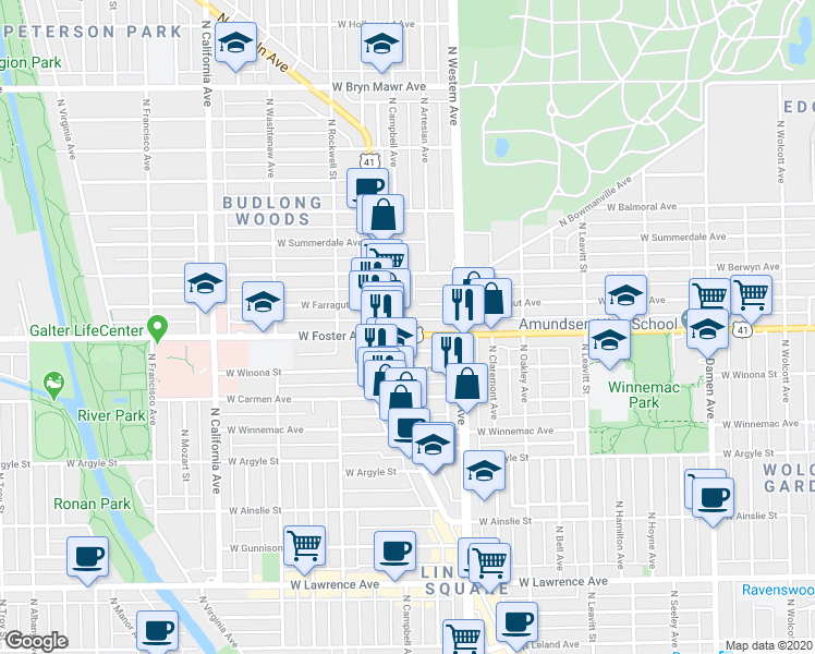 map of restaurants, bars, coffee shops, grocery stores, and more near 2460 U.S. 41 in Chicago