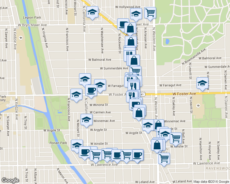 map of restaurants, bars, coffee shops, grocery stores, and more near 204 West Foster Avenue in Chicago