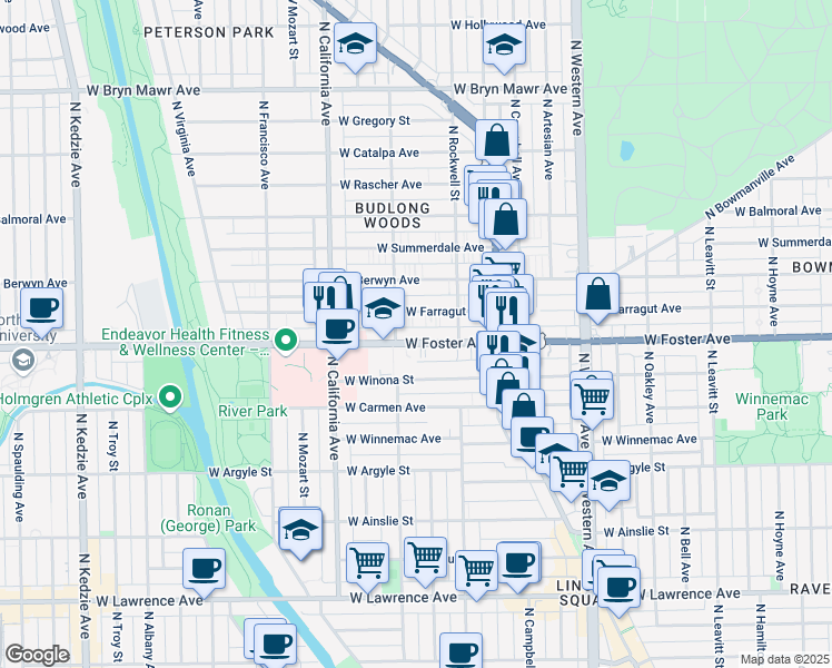 map of restaurants, bars, coffee shops, grocery stores, and more near 2648 West Foster Avenue in Chicago