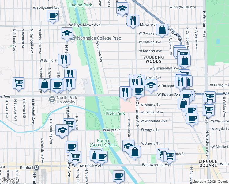map of restaurants, bars, coffee shops, grocery stores, and more near in Chicago