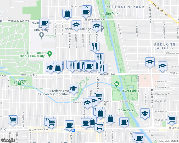 map of restaurants, bars, coffee shops, grocery stores, and more near 3210 West Foster Avenue in Chicago