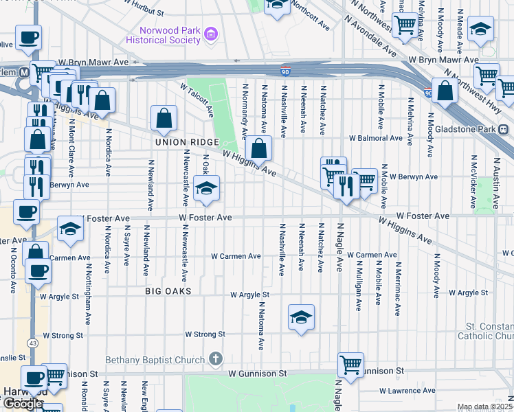 map of restaurants, bars, coffee shops, grocery stores, and more near 5215 North Normandy Avenue in Chicago
