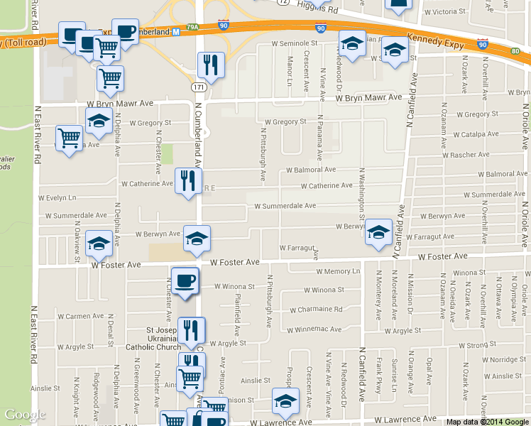 map of restaurants, bars, coffee shops, grocery stores, and more near 8215 West Summerdale Avenue in Chicago