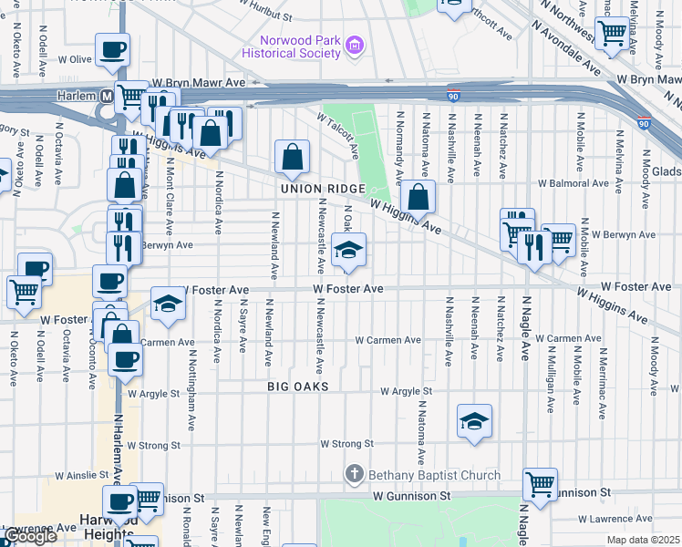 map of restaurants, bars, coffee shops, grocery stores, and more near 5214 North Oak Park Avenue in Chicago