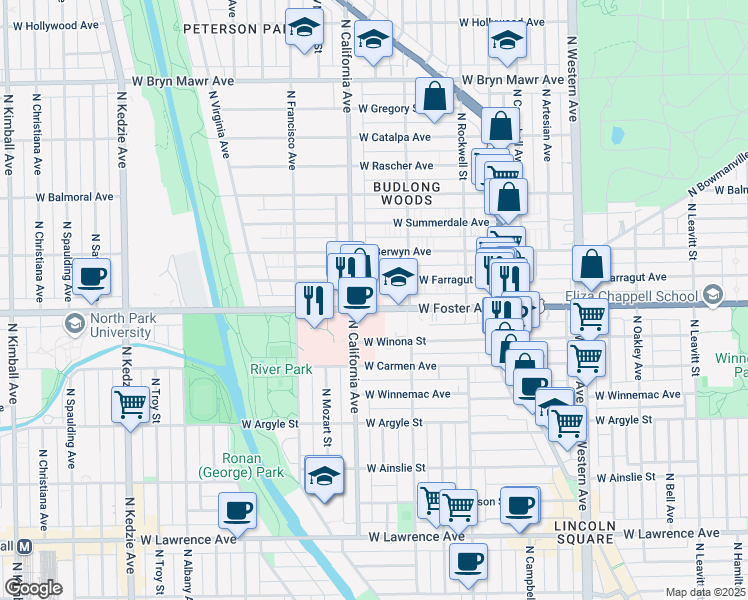 map of restaurants, bars, coffee shops, grocery stores, and more near 2740 West Foster Avenue in Chicago
