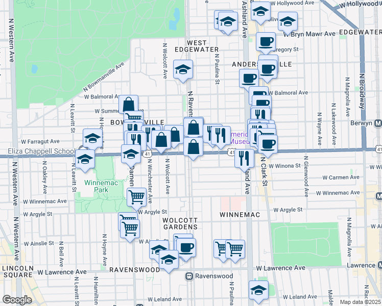 map of restaurants, bars, coffee shops, grocery stores, and more near W Foster Ave & N Ravenswood Ave in Chicago