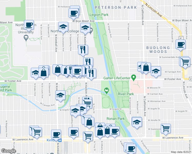 map of restaurants, bars, coffee shops, grocery stores, and more near 3112 West Foster Avenue in Chicago