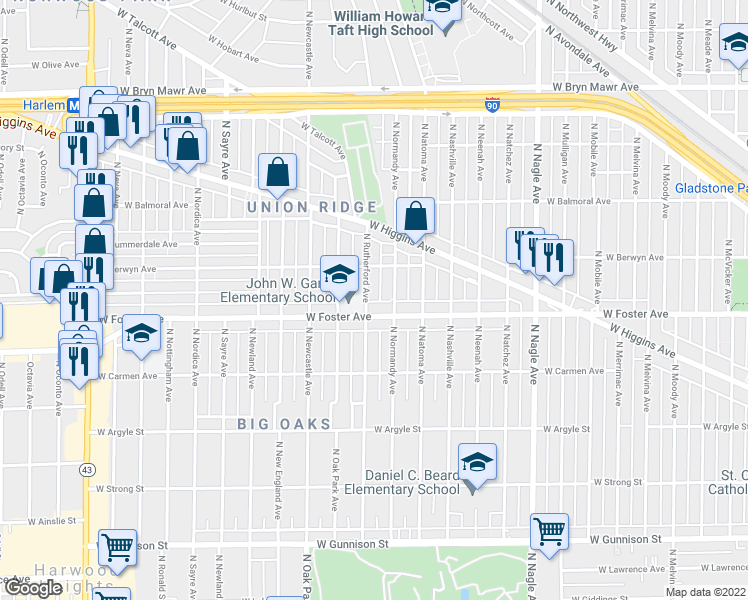 map of restaurants, bars, coffee shops, grocery stores, and more near 5215 North Rutherford Avenue in Chicago