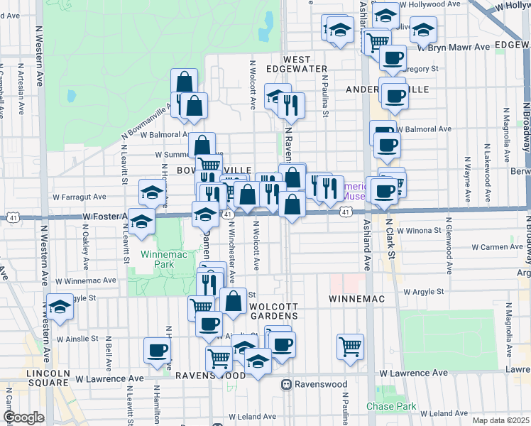 map of restaurants, bars, coffee shops, grocery stores, and more near 1825 West Foster Avenue in Chicago
