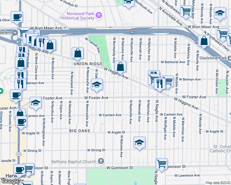 map of restaurants, bars, coffee shops, grocery stores, and more near 5215 North Normandy Avenue in Chicago