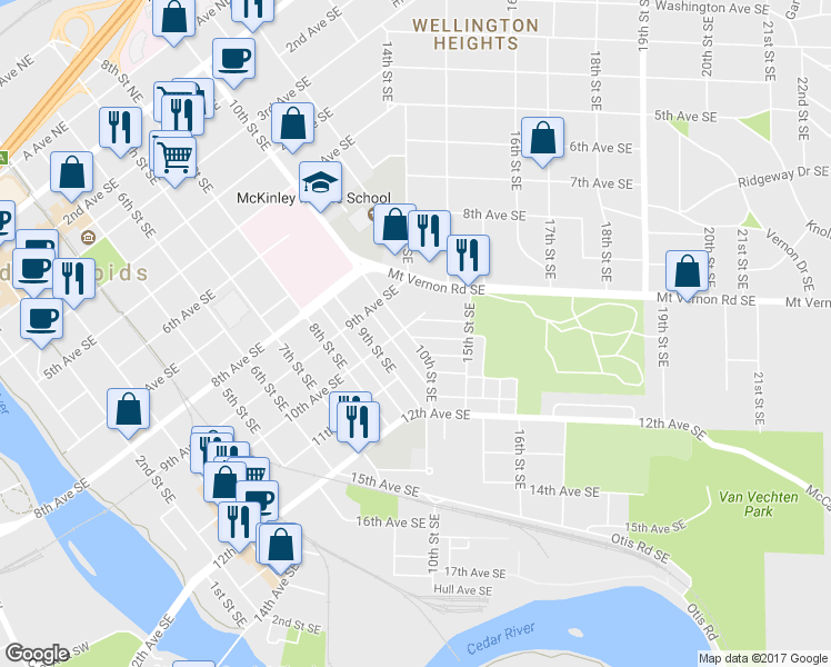map of restaurants, bars, coffee shops, grocery stores, and more near 1006 10th St SE in Cedar Rapids