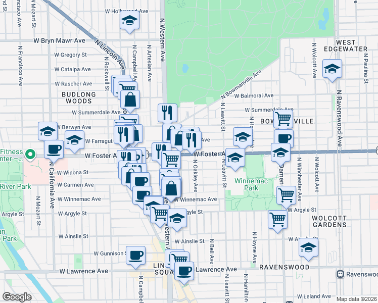 map of restaurants, bars, coffee shops, grocery stores, and more near 2300 West Foster Avenue in Chicago