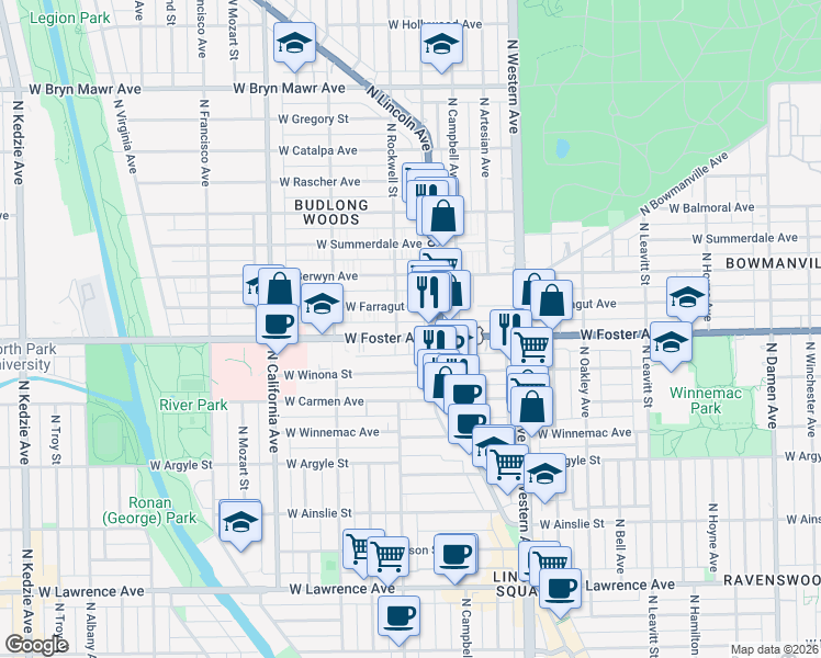 map of restaurants, bars, coffee shops, grocery stores, and more near 2524 West Foster Avenue in Chicago