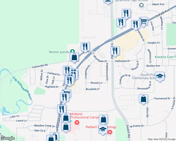 map of restaurants, bars, coffee shops, grocery stores, and more near 1816 Raintree Court in Sycamore
