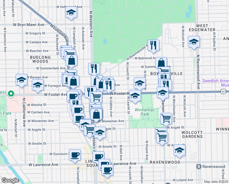 map of restaurants, bars, coffee shops, grocery stores, and more near 2248 West Foster Avenue in Chicago