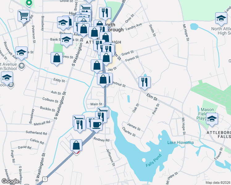 map of restaurants, bars, coffee shops, grocery stores, and more near 160 Charles Street in North Attleborough