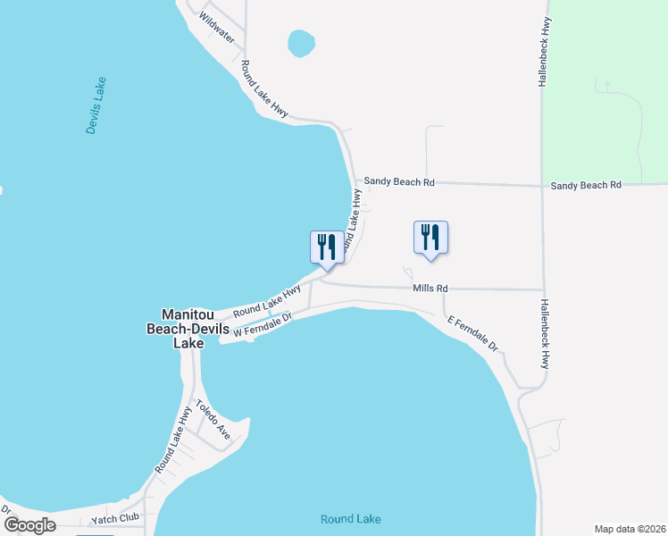 map of restaurants, bars, coffee shops, grocery stores, and more near 3177 Round Lake Highway in Manitou Beach-Devils Lake
