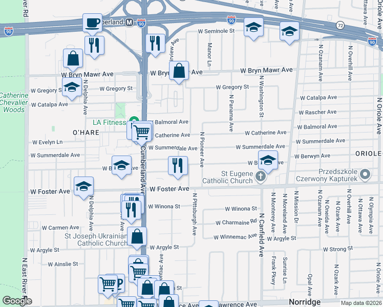 map of restaurants, bars, coffee shops, grocery stores, and more near 8215 West Summerdale Avenue in Chicago