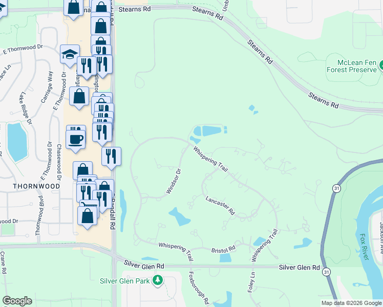 map of restaurants, bars, coffee shops, grocery stores, and more near 36W650 Whispering Trail in St. Charles