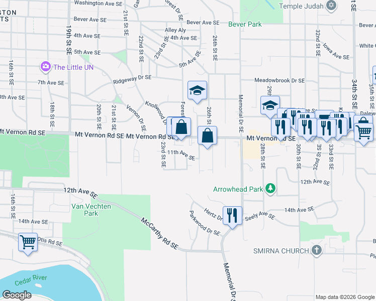 map of restaurants, bars, coffee shops, grocery stores, and more near 931 25th Street Southeast in Cedar Rapids