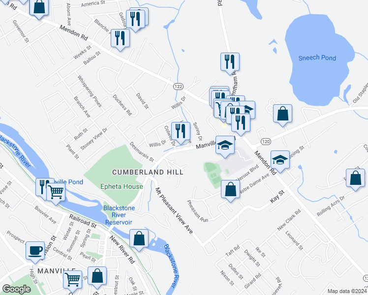map of restaurants, bars, coffee shops, grocery stores, and more near 140 Manville Hill Road in Cumberland