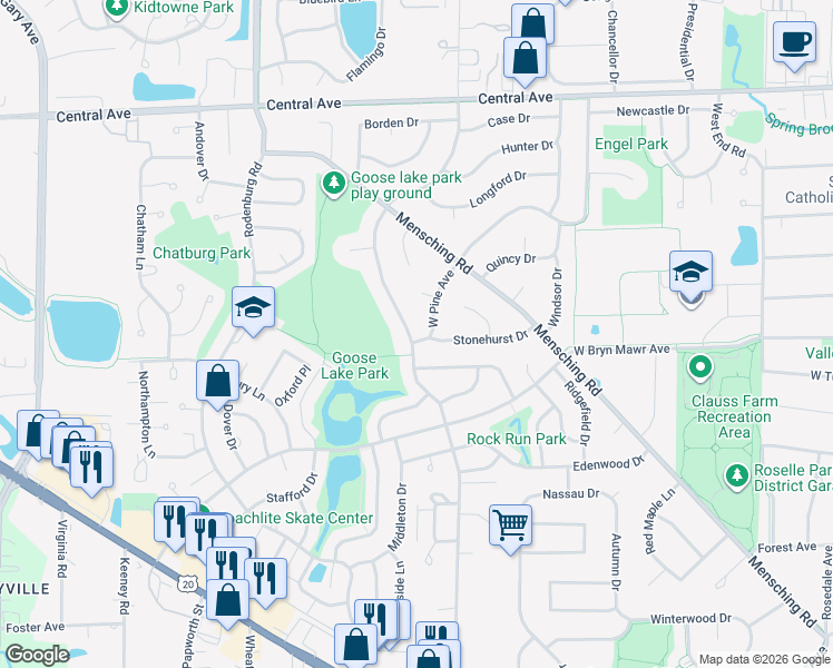 map of restaurants, bars, coffee shops, grocery stores, and more near 1000 West Pine Avenue in Roselle